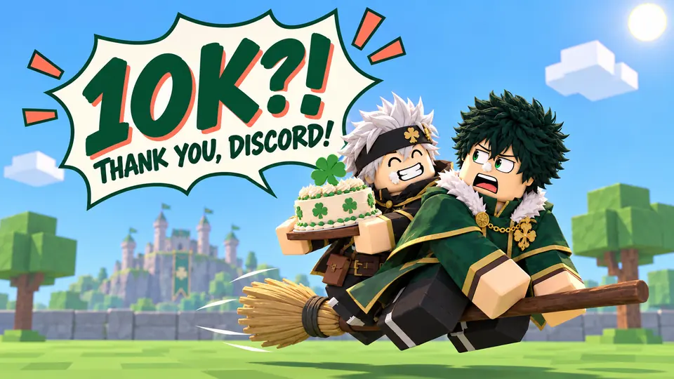 Clover Legends 10K Discord members celebration art with two players riding a broom