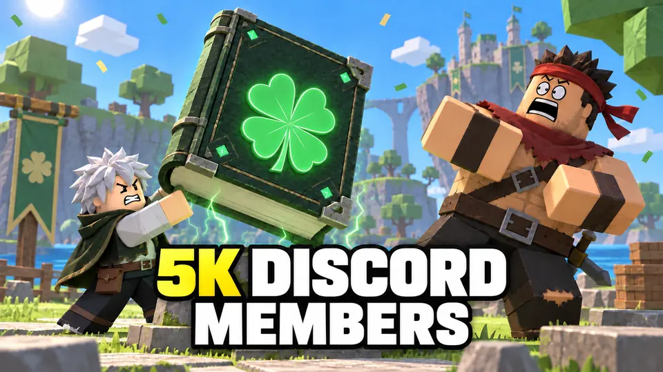 5K Discord members banner with two Clover Legends players fighting over a green clover grimoire