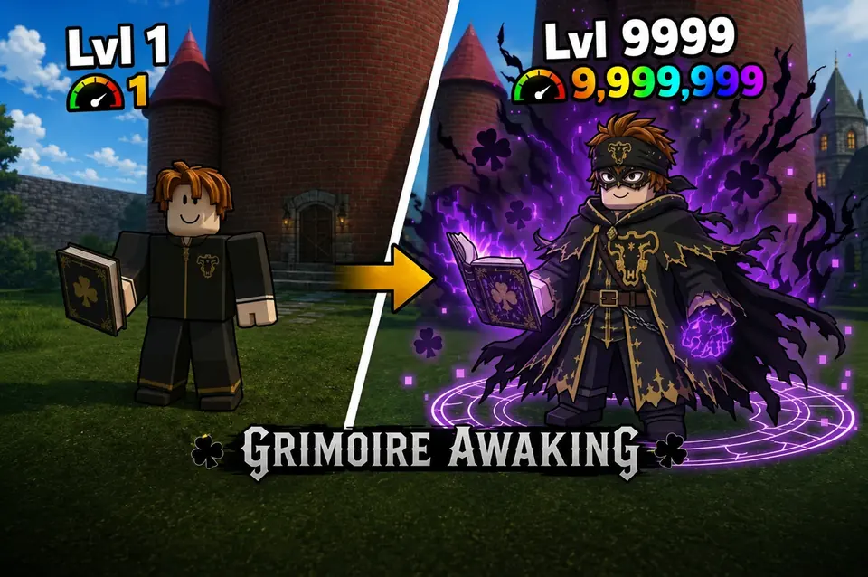 Clover Legends Grimoire Awakening art comparing a level 1 player with a level 9999 awakened mage