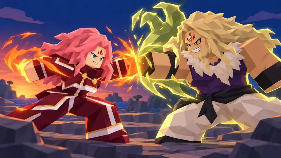 Clover Legends world boss artwork with two mages clashing fire and green lightning