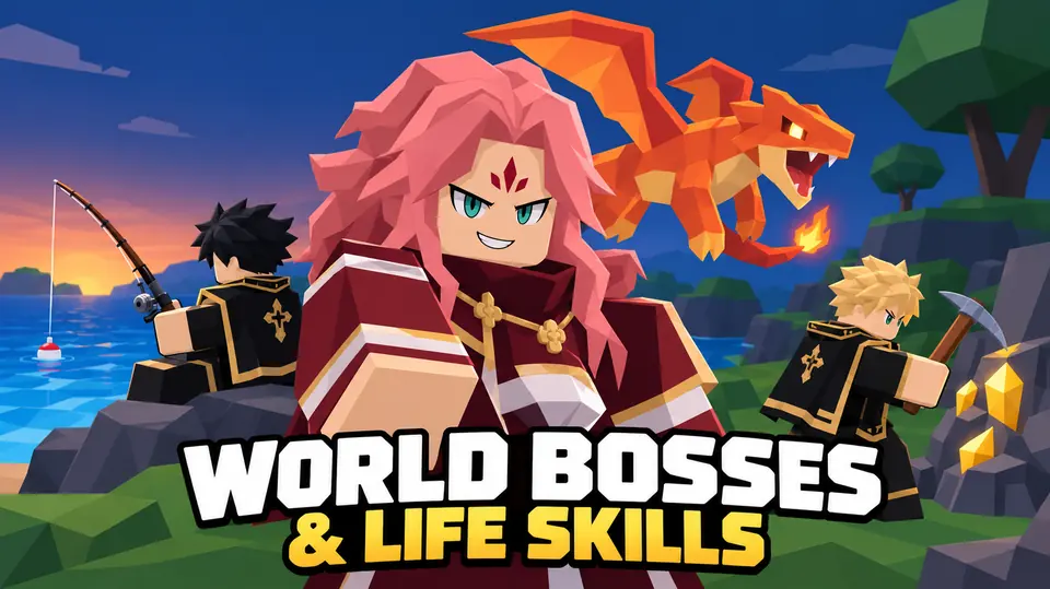 World Bosses and Life Skills update banner with a pink-haired mage, a fire dragon and fishing