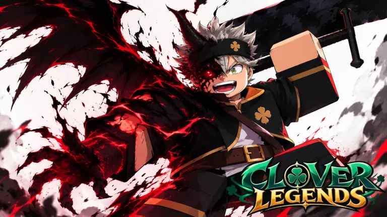 Clover Legends key art: an anime mage with a black grimoire and red devil wing