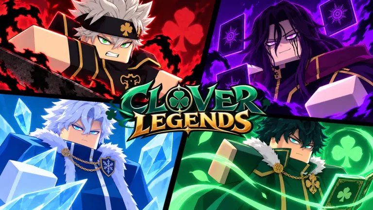 Clover Legends artwork of four mages with fire, ice, shadow and clover magic